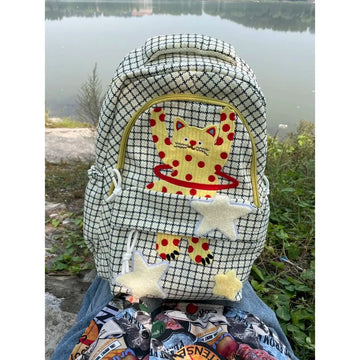 Qfdian Cartoon Cat Kawaii Cute Star Plaid Backpack Women Y2k Aesthetic Harajuku Schoolbags Vintage High-capacity Backpacks for Students